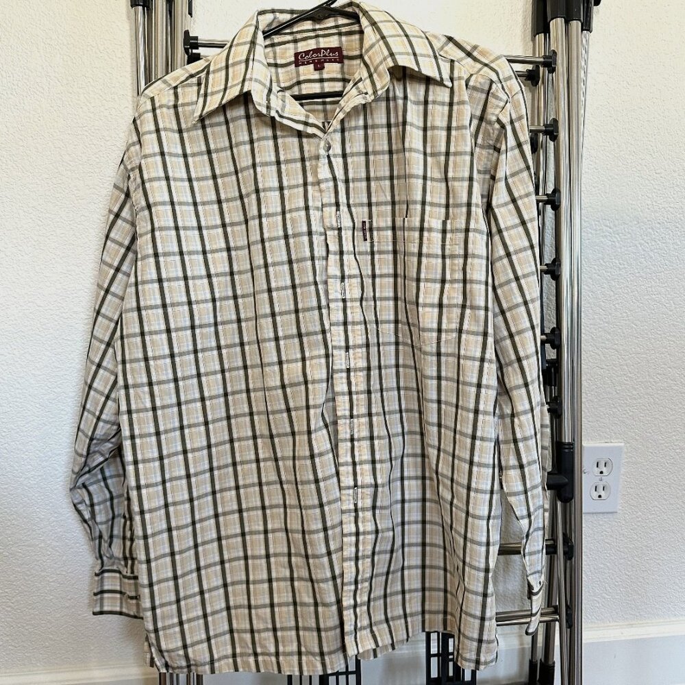 Vintage 80s Mens Striped Plaid White Black Dress Shirt